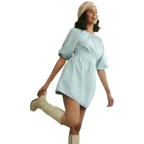 NWT Anthropologie Love The Label Pastel Blue Puff-Sleeve Mini Dress Size: Medium - Picture 3 of 8